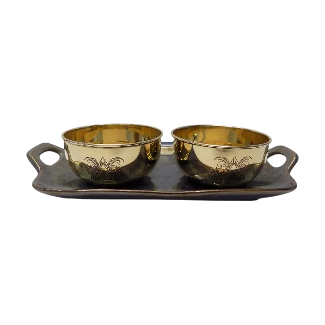 Ceramic Tray with brass metal snacks serving bowls