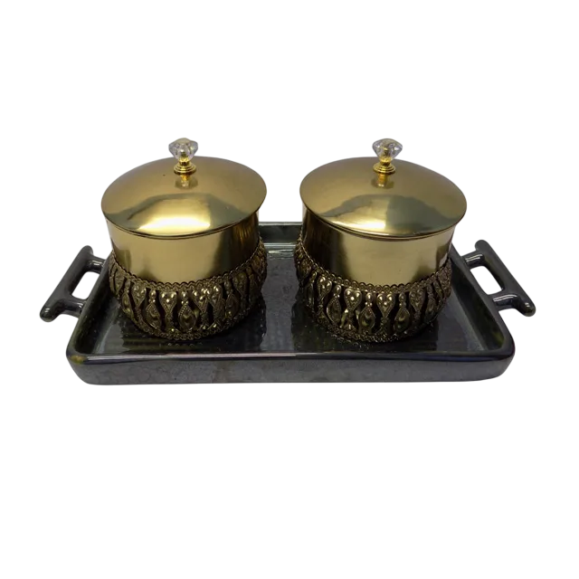 Ceramic Tray with iron metal snacks serving bowls