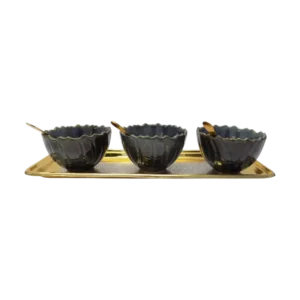 Ceramic snacks serving bowl with gold plated tray and spoon