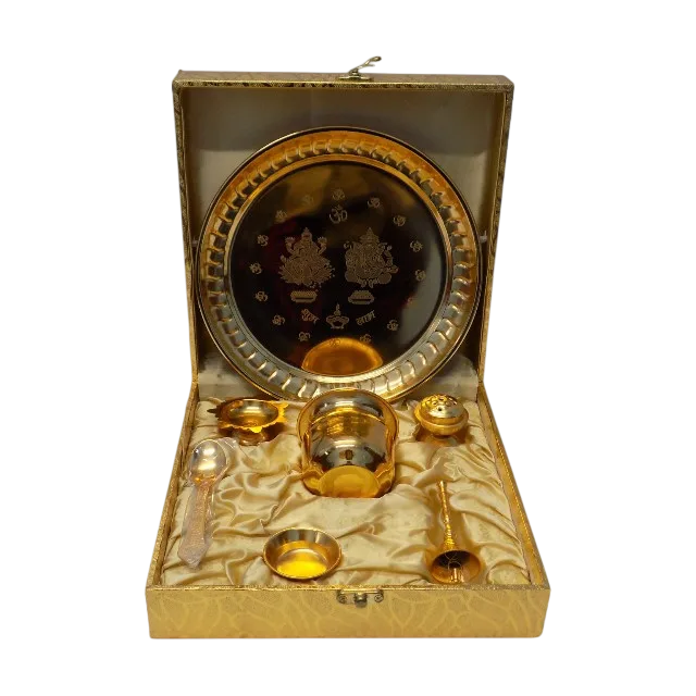 Gold polished metal pooja thali set of 7 pcs