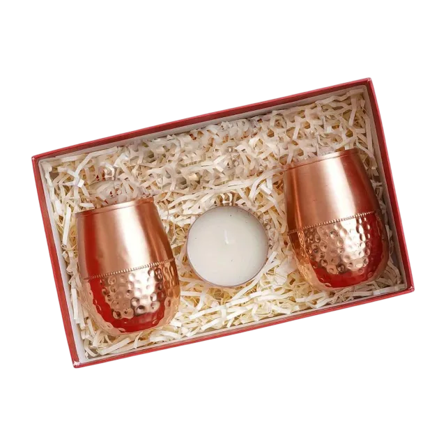 Half Hammered copper glass set of 2 & t-light