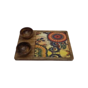 Printed Brown wooden platter with 2 bowl