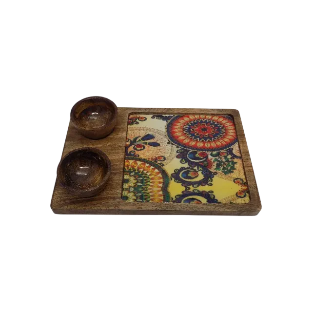 Printed Brown wooden platter with 2 bowl