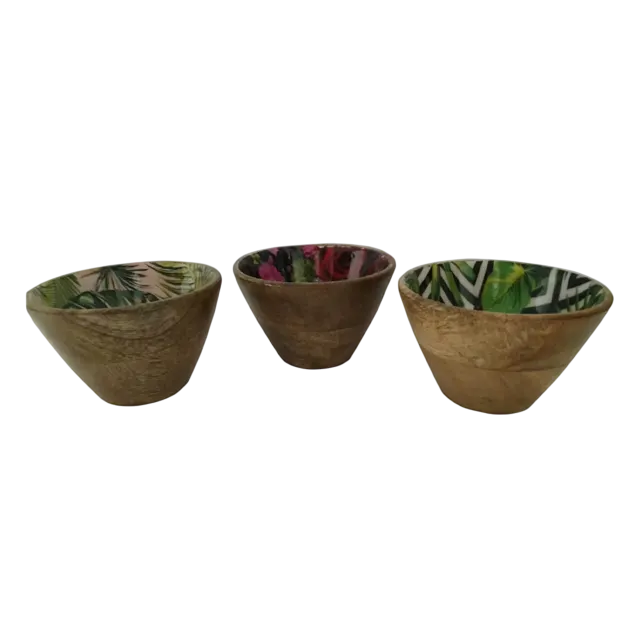 Printed Round wooden bowl set of 3