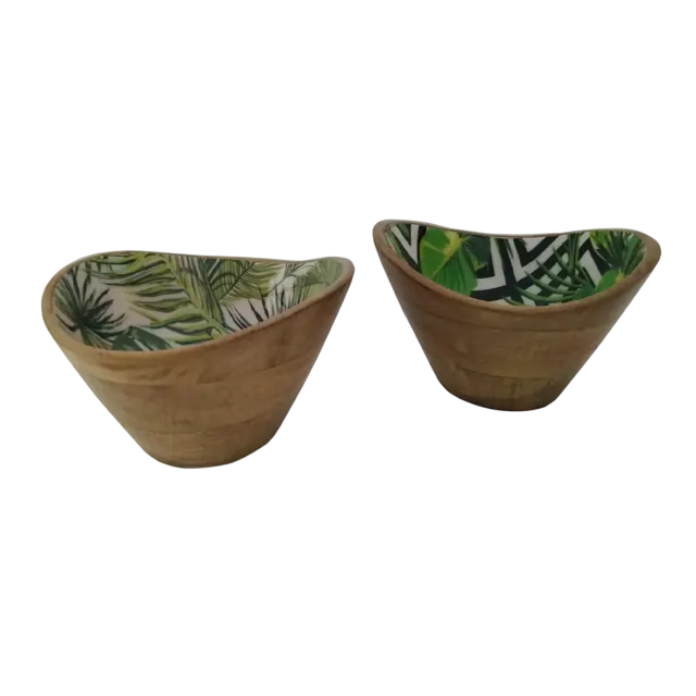 Printed oval wooden bowl set of 2