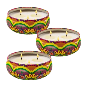Scented soy wax candle with printed iron bowl set of 3