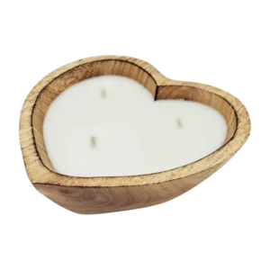 Scented soy wax candle with wood heart shaped bowl