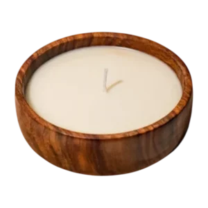 Scented soy wax candle with wooden circular bowl