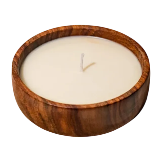 Scented soy wax candle with wooden circular bowl
