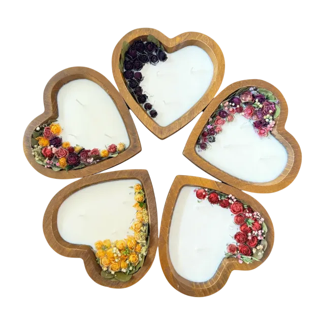 Scented soy wax candle with wooden heart bowl set of 5 pcs