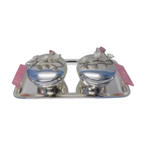 Silver plated brass metal serving bowl set with tray and rasin handle