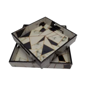 White & Grey Geometric Printed Wooden tray set