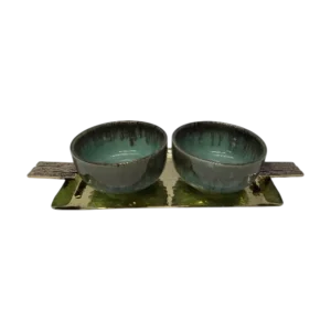 ceramic snack surving bowl with brass metal tray