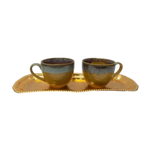 ceramic tea cups with gold plated metal tray