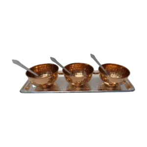 copper hammered serving bowl with tray and spoon