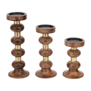 decorative wood & brass pillar candle holder