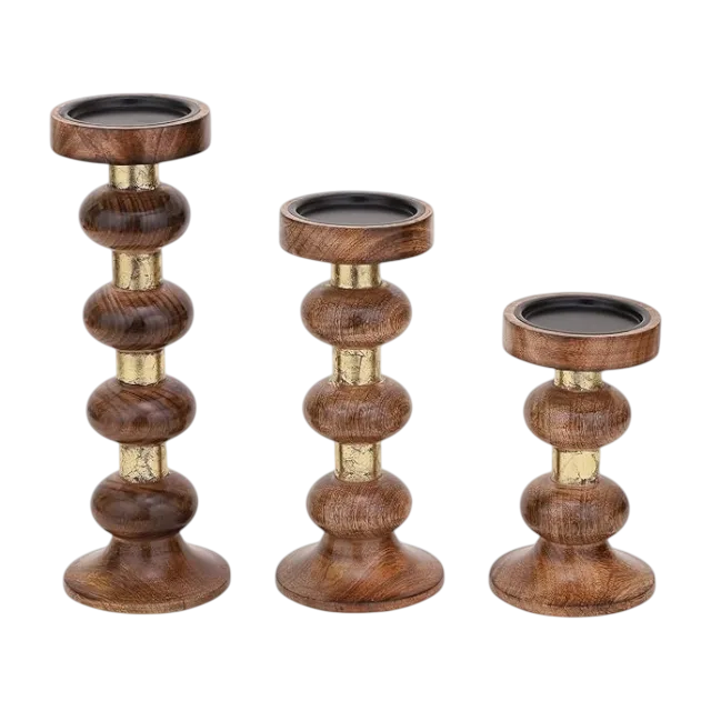 decorative wood & brass pillar candle holder