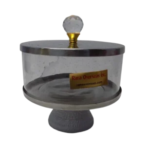 glass snacks serving bowl with steel lid and base