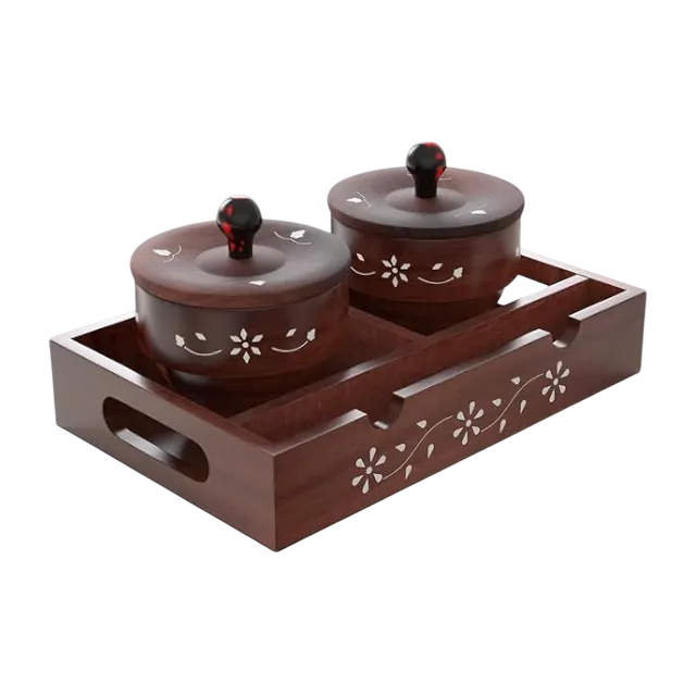 handmade wooden dry fruit tray with 2 bowl