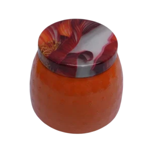 round metal dryfruit jar with printed lid