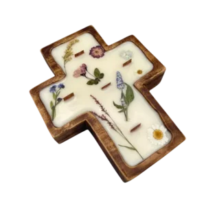 scented soy wax candle with wooden cross bowl