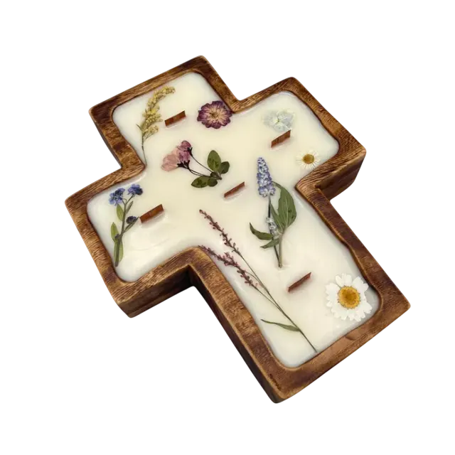 scented soy wax candle with wooden cross bowl