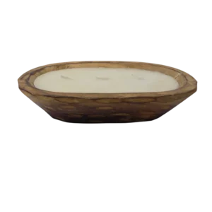 scented soy wax candle with wooden oval bowl