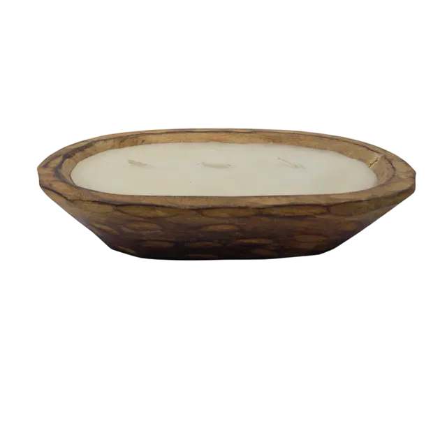 scented soy wax candle with wooden oval bowl