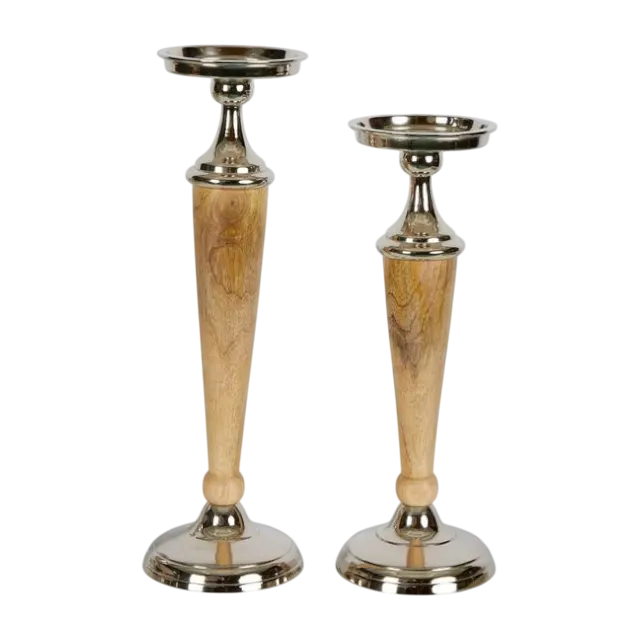 silver brown wood & metal candle pillar